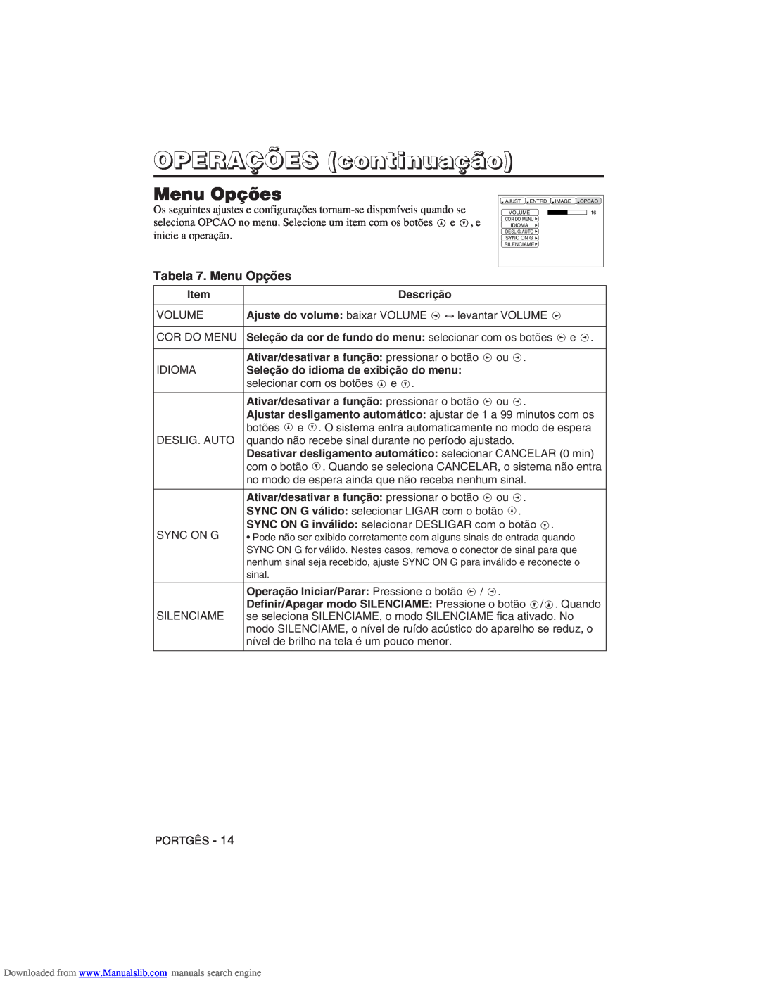 Hitachi CP-X275W user manual Tabela 7. Menu Opções, OPERAÇÕES continuação 