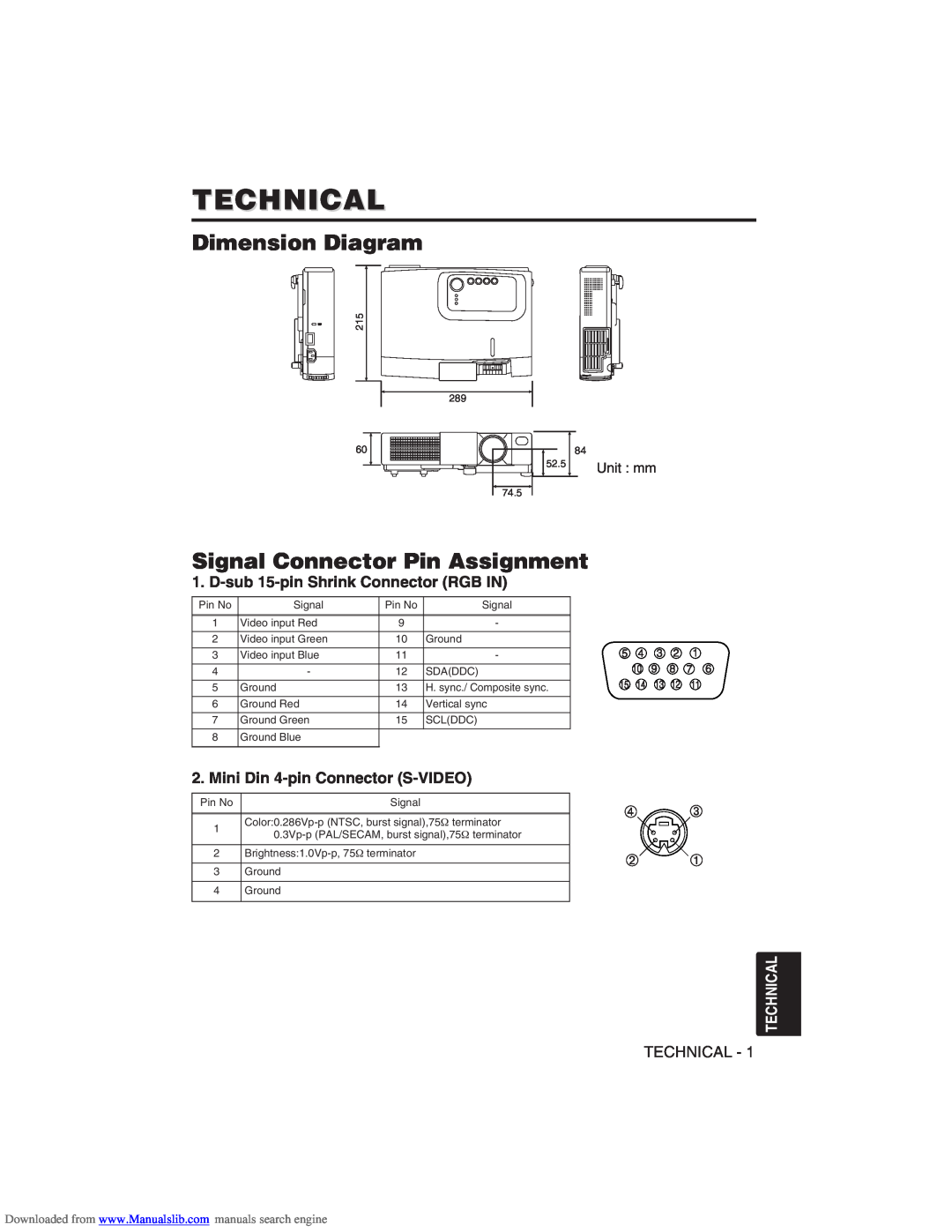 Hitachi CP-X275W Technical, Dimension Diagram, Signal Connector Pin Assignment, D-sub 15-pinShrink Connector RGB IN 