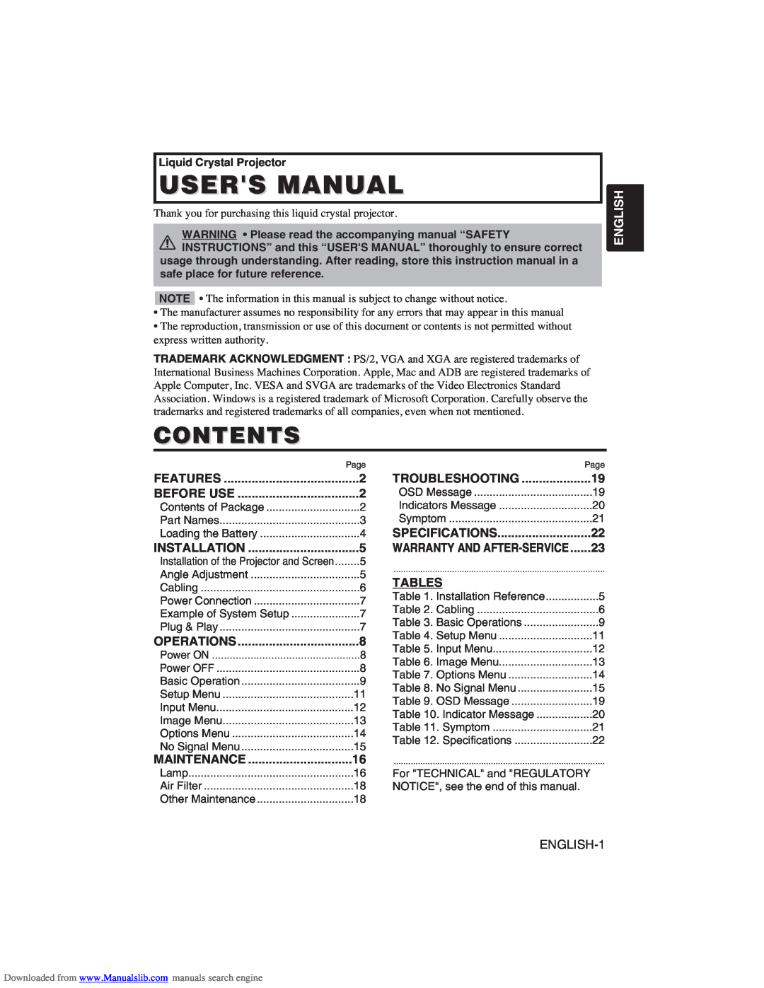 Hitachi CP-X275W user manual Users Manual, Contents, Tables, English 