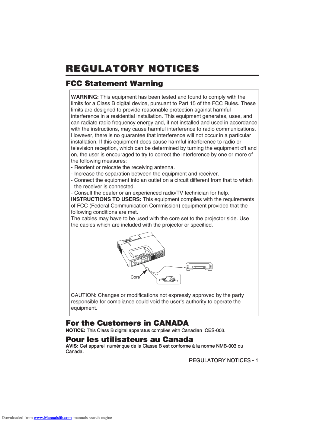 Hitachi CP-X275W Regulatory Notices, FCC Statement Warning, For the Customers in CANADA, Pour les utilisateurs au Canada 