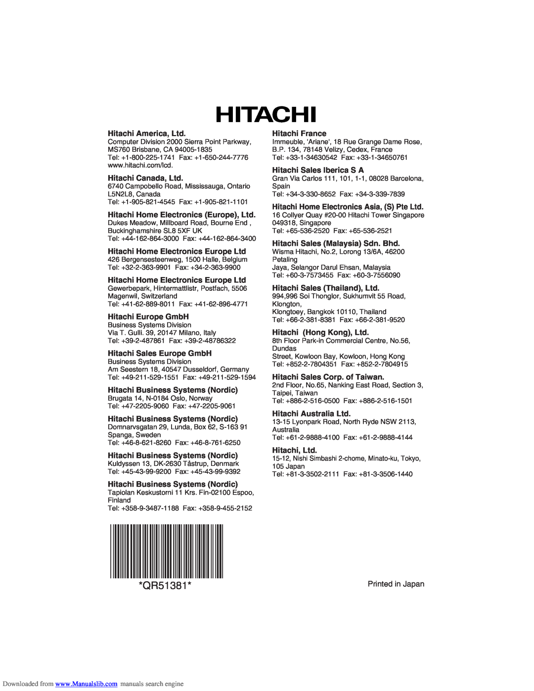 Hitachi CP-X275W user manual QR51381 