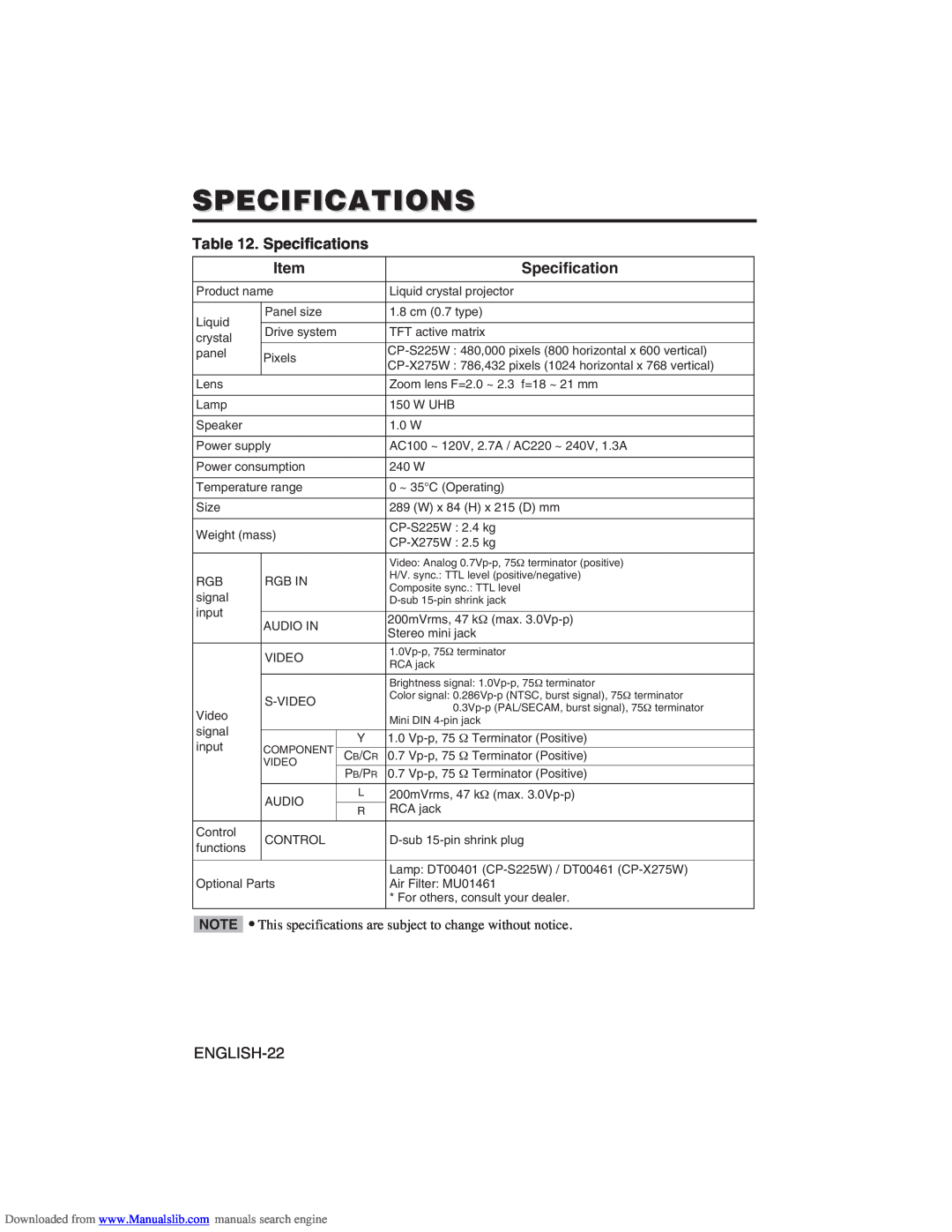 Hitachi CP-X275W user manual Specifications, Item 