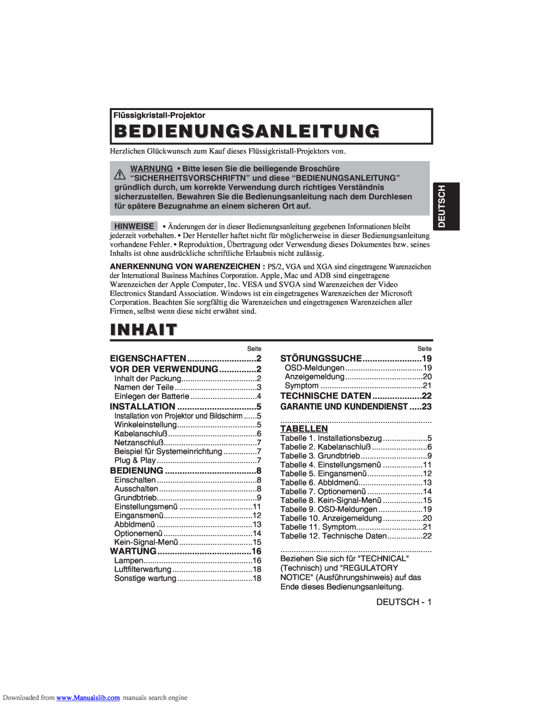 Hitachi CP-X275W user manual Bedienungsanleitung, Inhait, Deutsch, Tabellen 