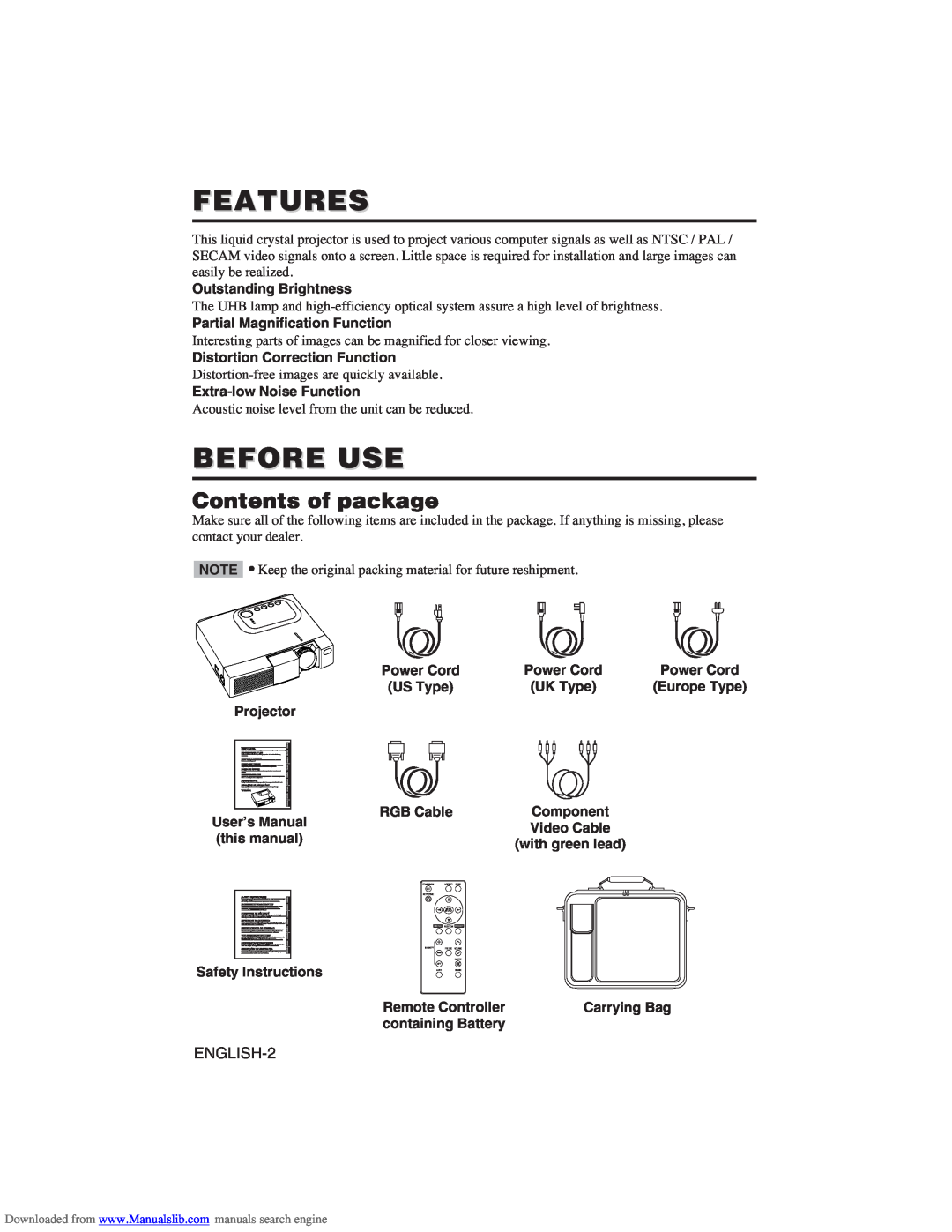 Hitachi CP-X275W user manual Features, Before Use, Contents of package 