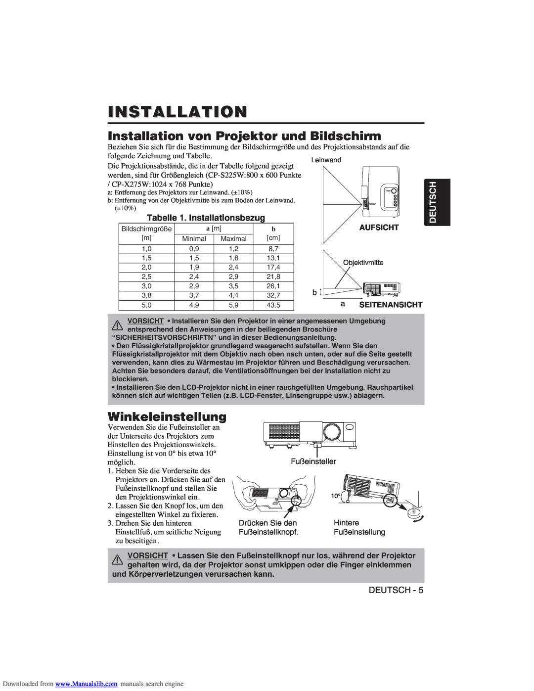Hitachi CP-X275W Installation von Projektor und Bildschirm, Winkeleinstellung, Tabelle 1. Installationsbezug, Deutsch 
