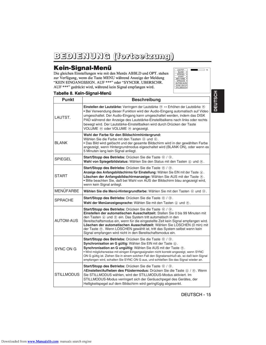 Hitachi CP-X275W user manual Tabelle 8. Kein-Signal-Menü, BEDIENUNG fortsetzung, Punkt, Beschreibung, Deutsch 