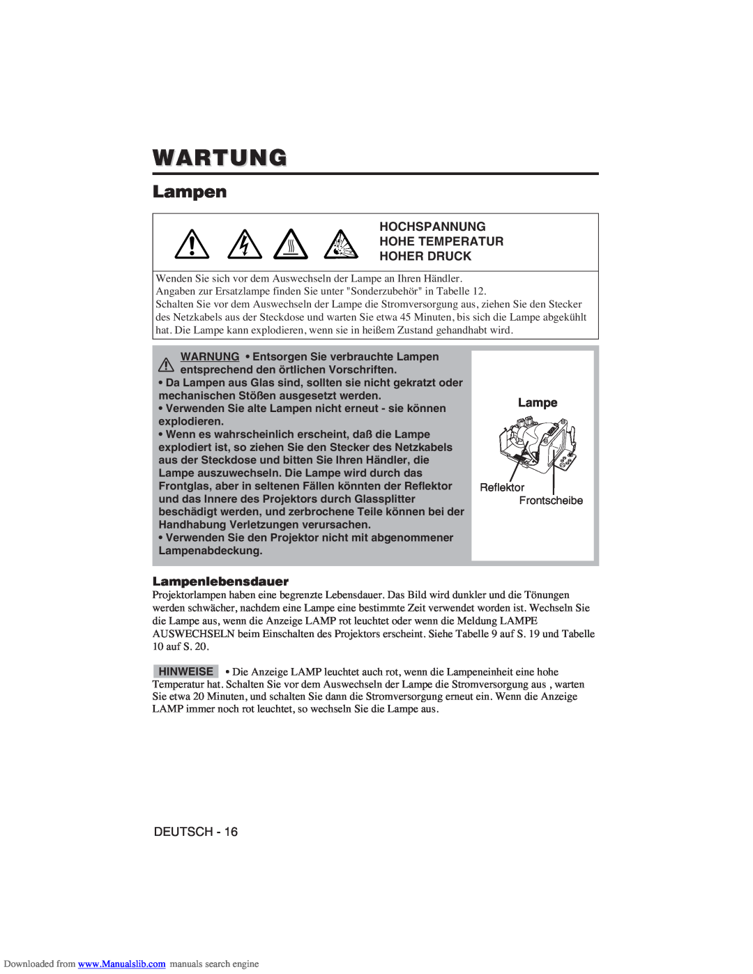 Hitachi CP-X275W user manual Wartung, Hochspannung Hohe Temperatur Hoher Druck, Lampenlebensdauer 