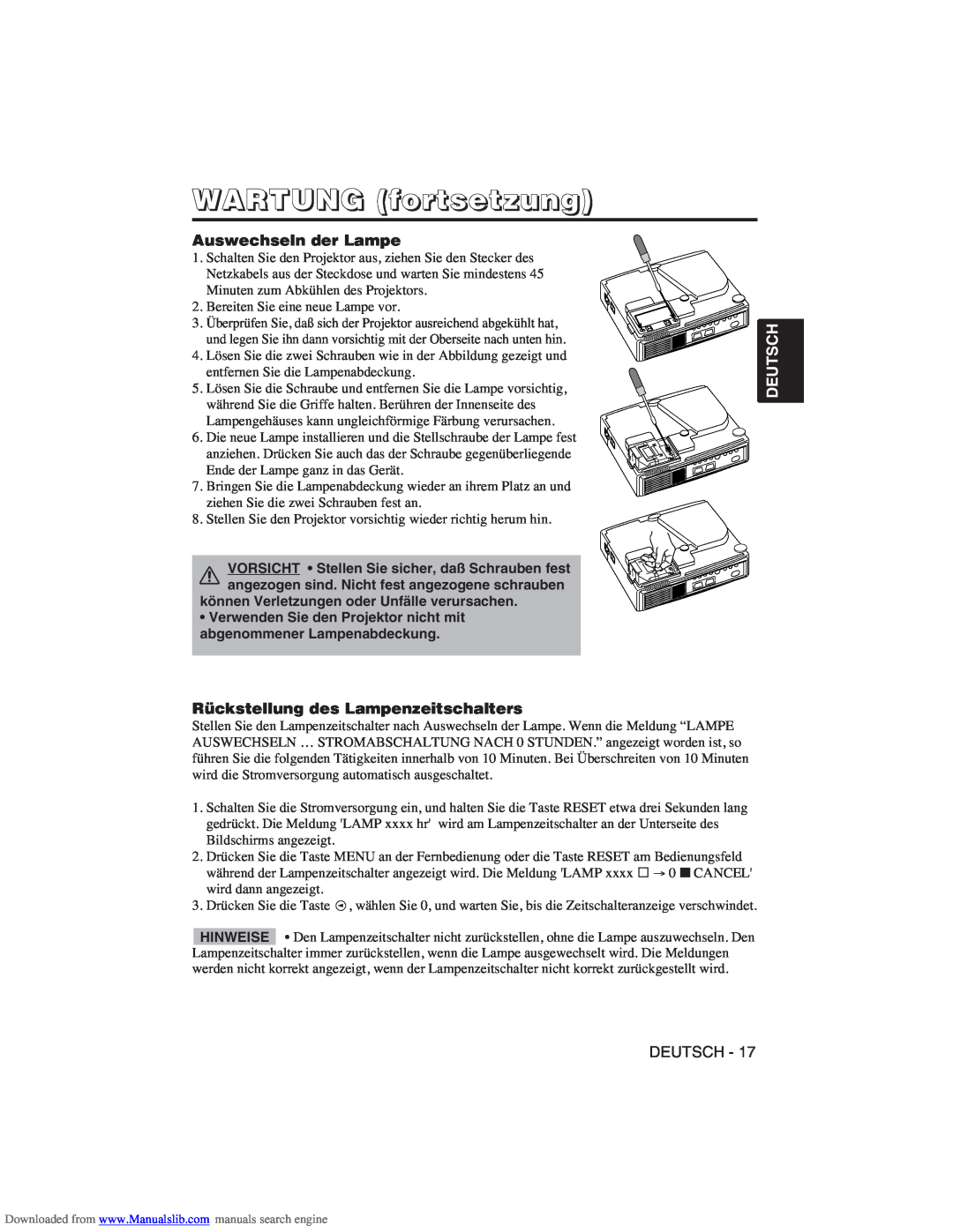 Hitachi CP-X275W user manual WARTUNG fortsetzung, Auswechseln der Lampe, Rückstellung des Lampenzeitschalters, Deutsch 