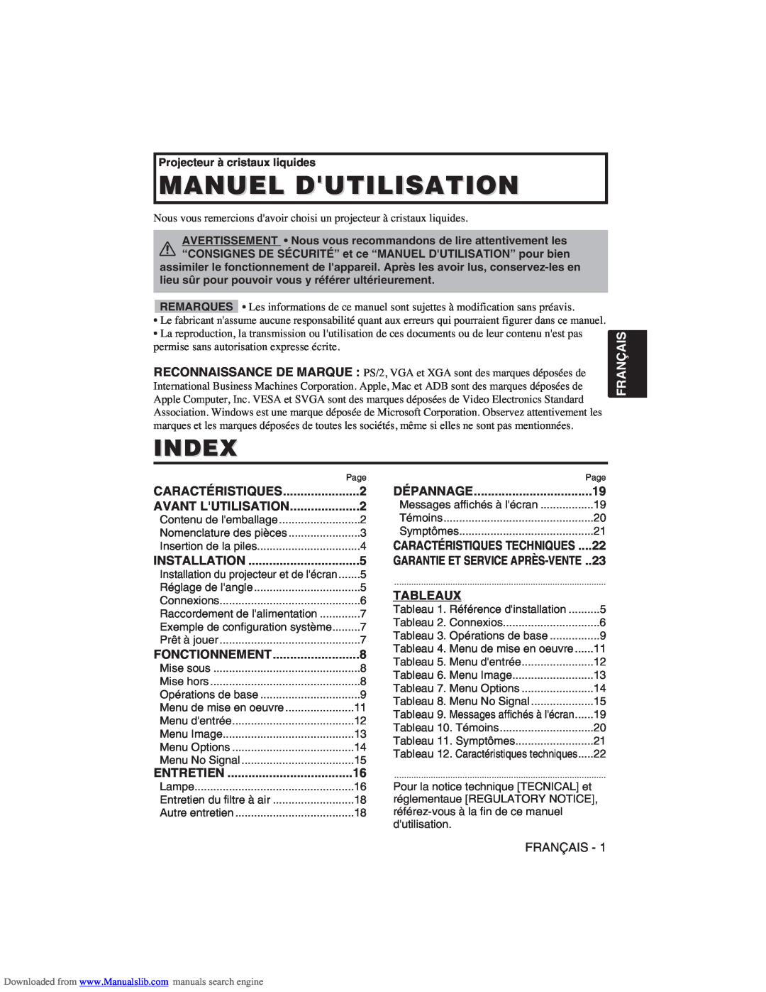 Hitachi CP-X275W user manual Manuel Dutilisation, Index, Français, Tableaux 