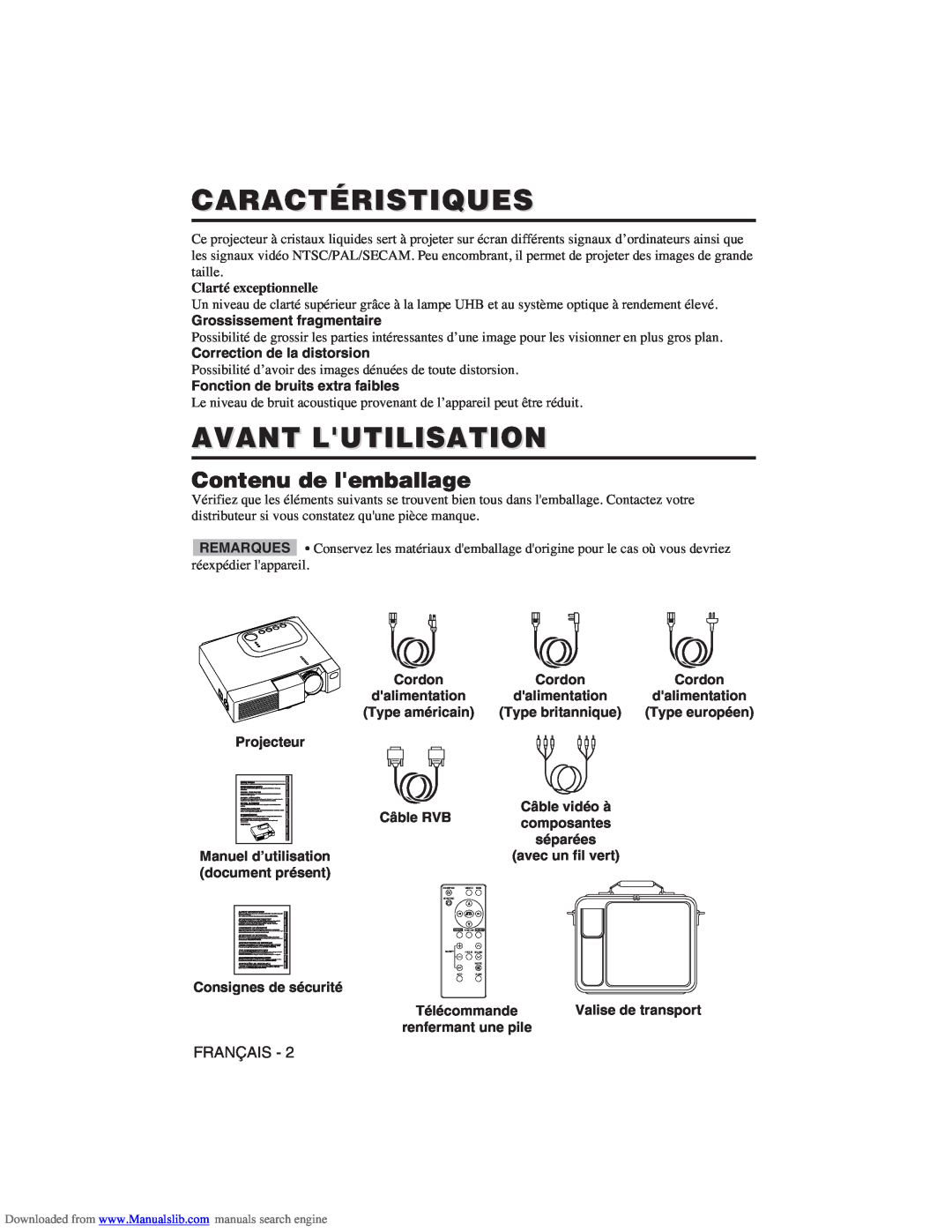 Hitachi CP-X275W user manual Caractéristiques, Avant Lutilisation, Contenu de lemballage, Clarté exceptionnelle 