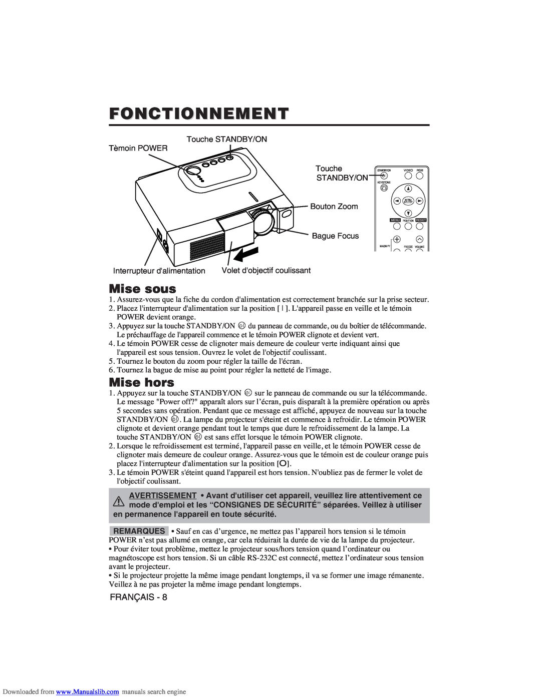 Hitachi CP-X275W user manual Fonctionnement, Mise sous, Mise hors 