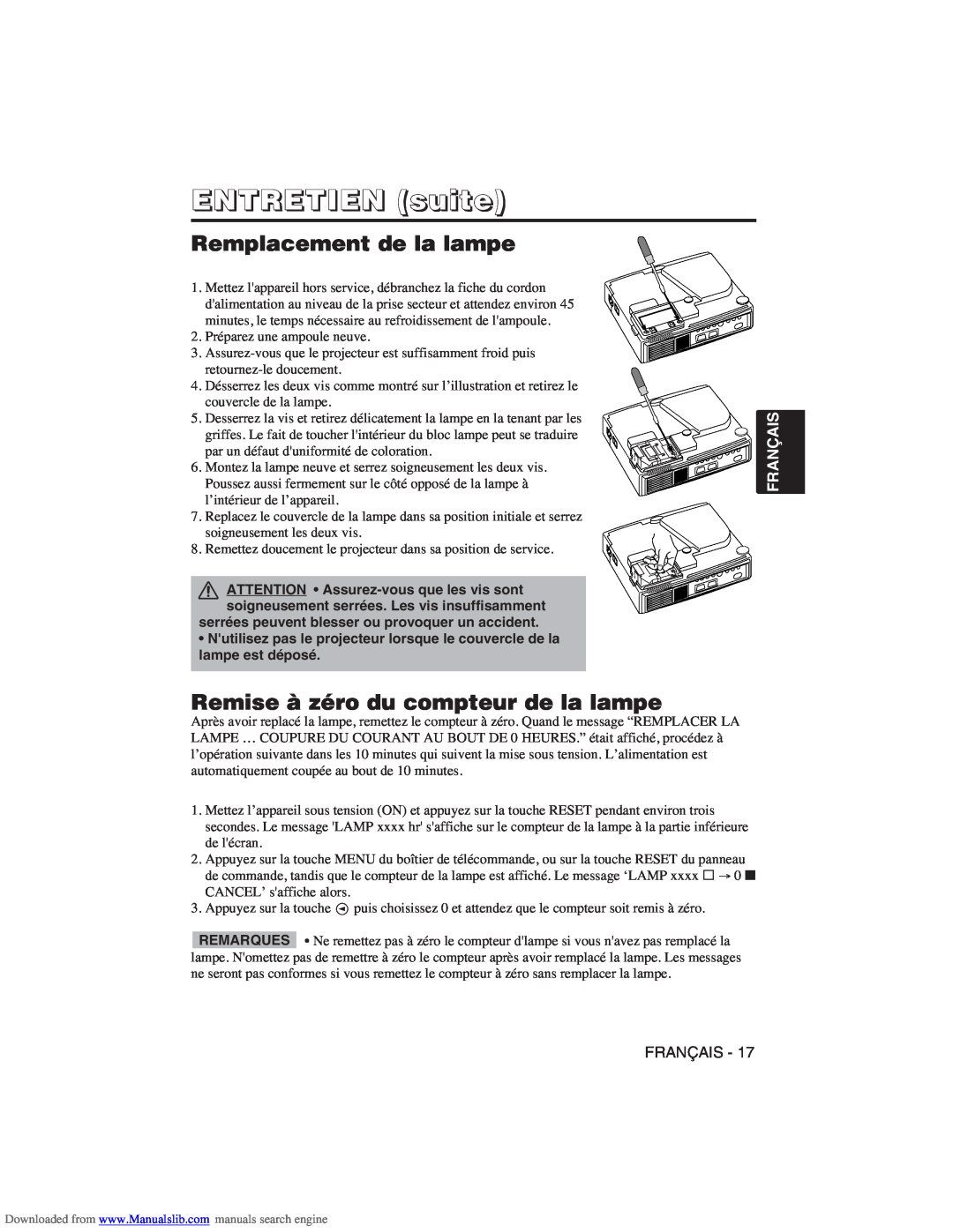 Hitachi CP-X275W user manual ENTRETIEN suite, Remplacement de la lampe, Remise à zéro du compteur de la lampe, Français 