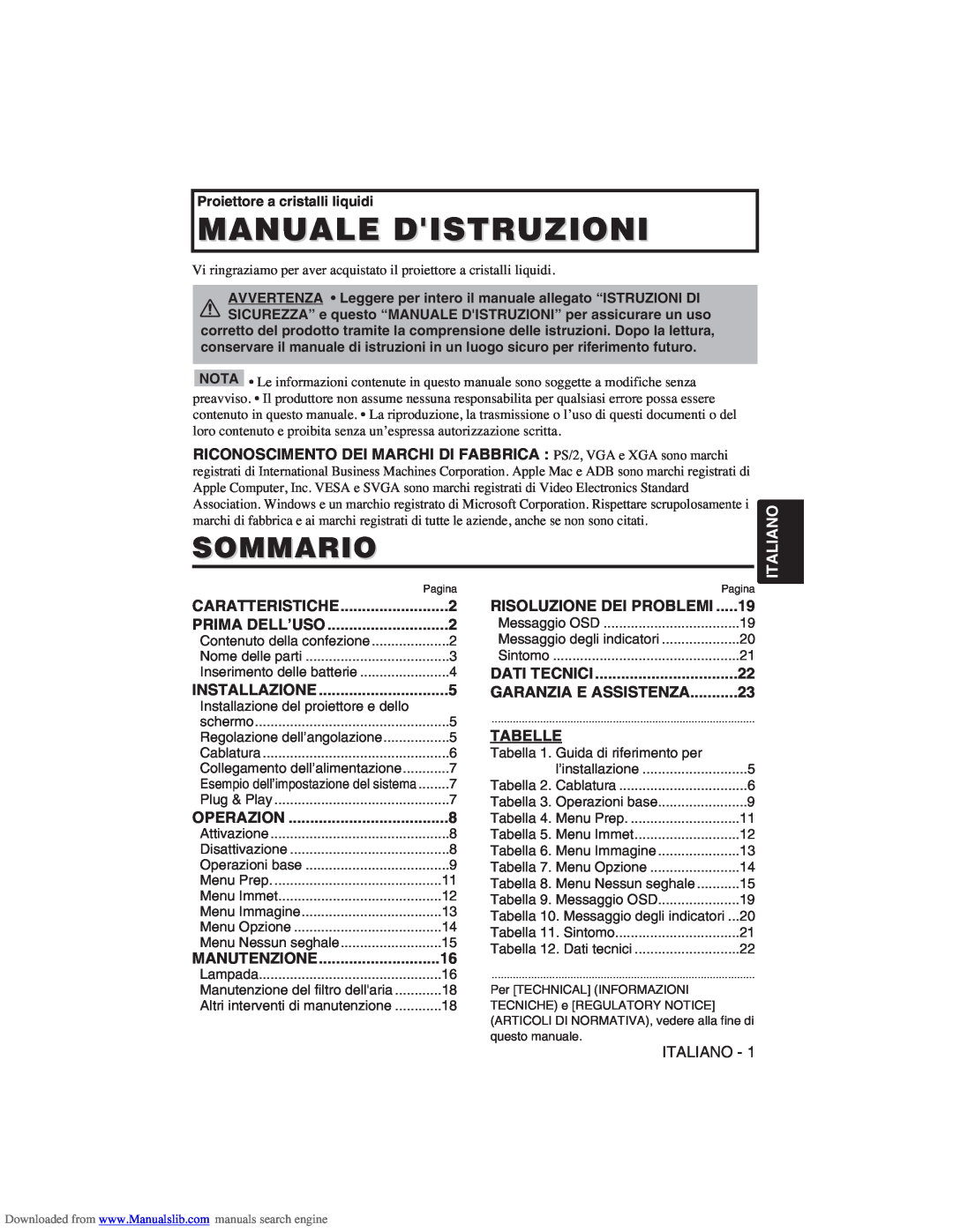 Hitachi CP-X275W Manuale Distruzioni, Sommario, Italiano, Risoluzione Dei Problemi, Garanzia E Assistenza, Tabelle 