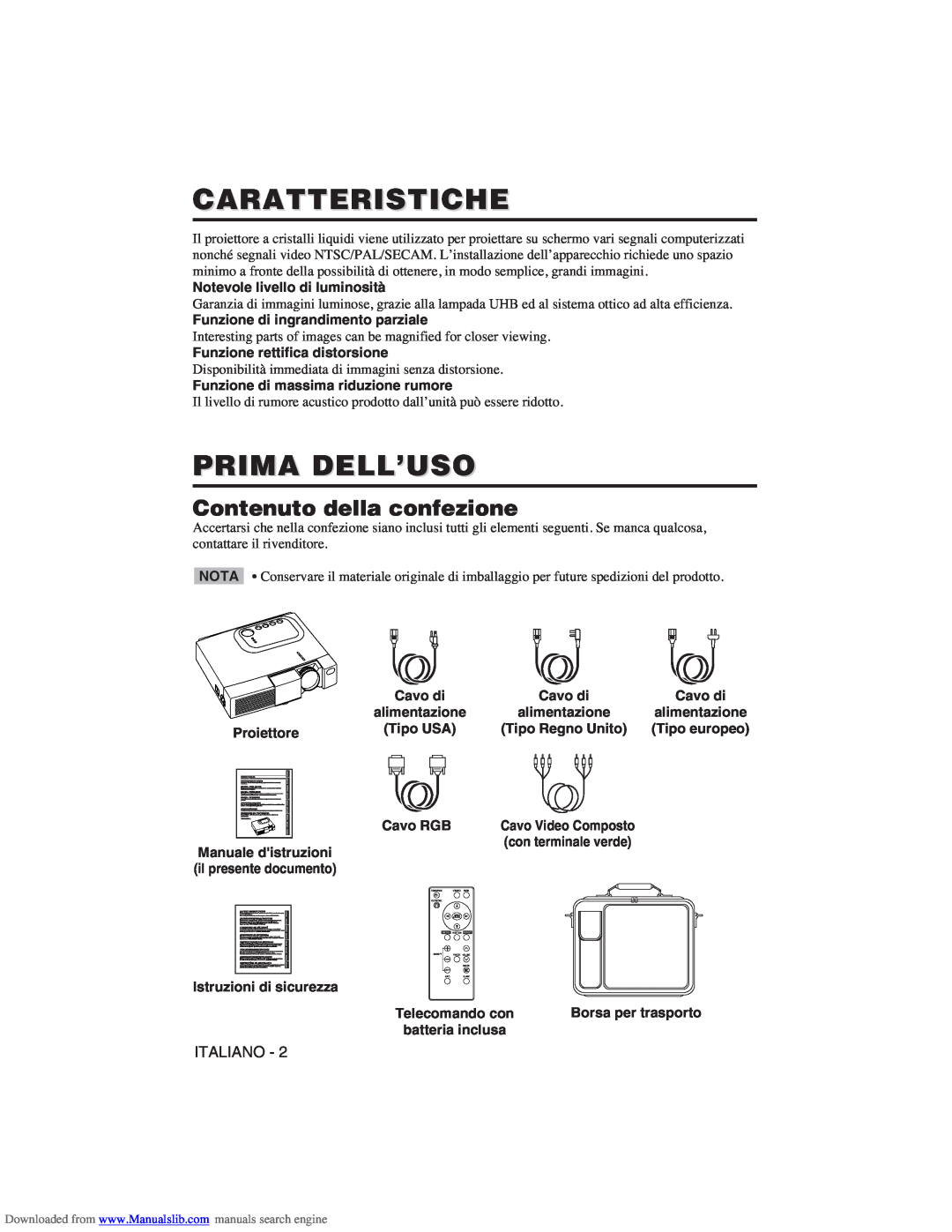 Hitachi CP-X275W user manual Caratteristiche, Prima Dell’Uso, Contenuto della confezione 