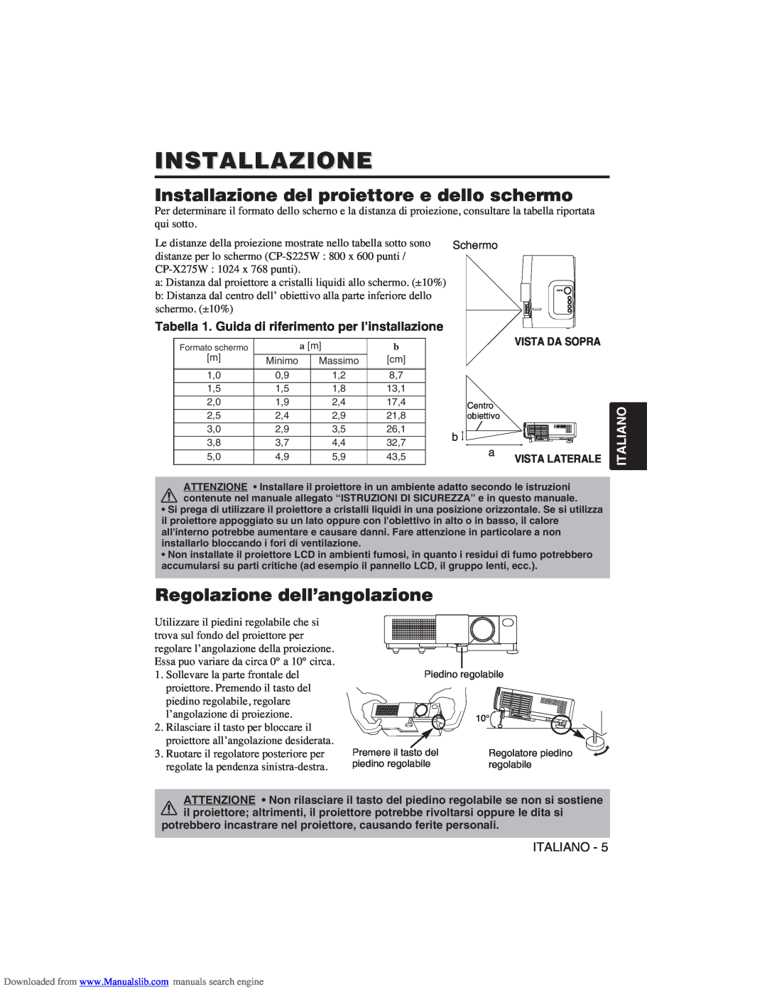 Hitachi CP-X275W user manual Installazione del proiettore e dello schermo, Regolazione dell’angolazione, Italiano 