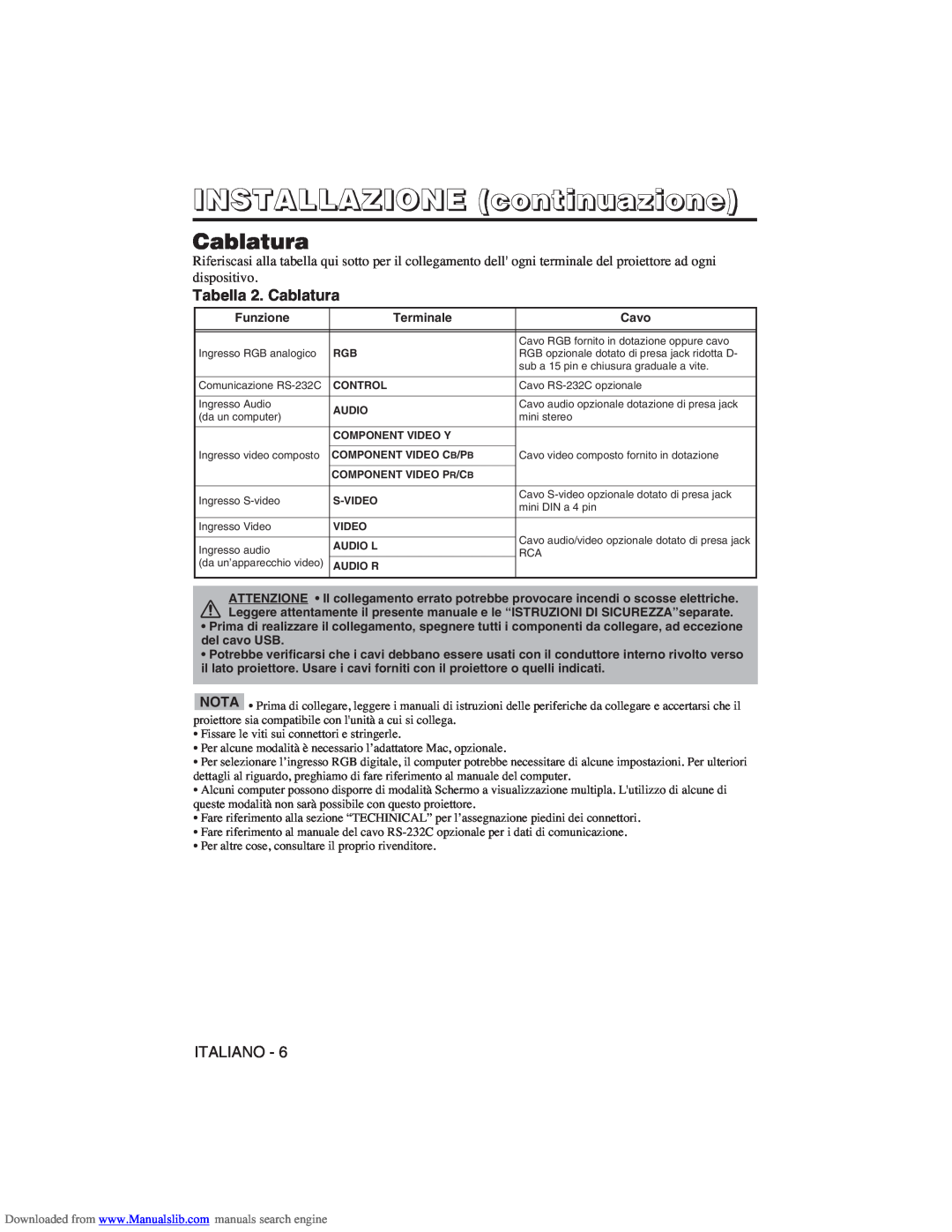 Hitachi CP-X275W user manual INSTALLAZIONE continuazione, Tabella 2. Cablatura 