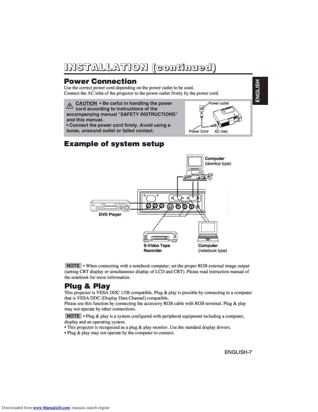 Hitachi CP-X275W user manual Power Connection, Example of system setup, Plug & Play, INSTALLATION continued, English 
