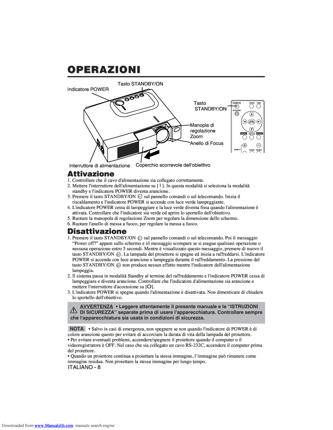 Hitachi CP-X275W user manual Operazioni, Attivazione, Disattivazione 