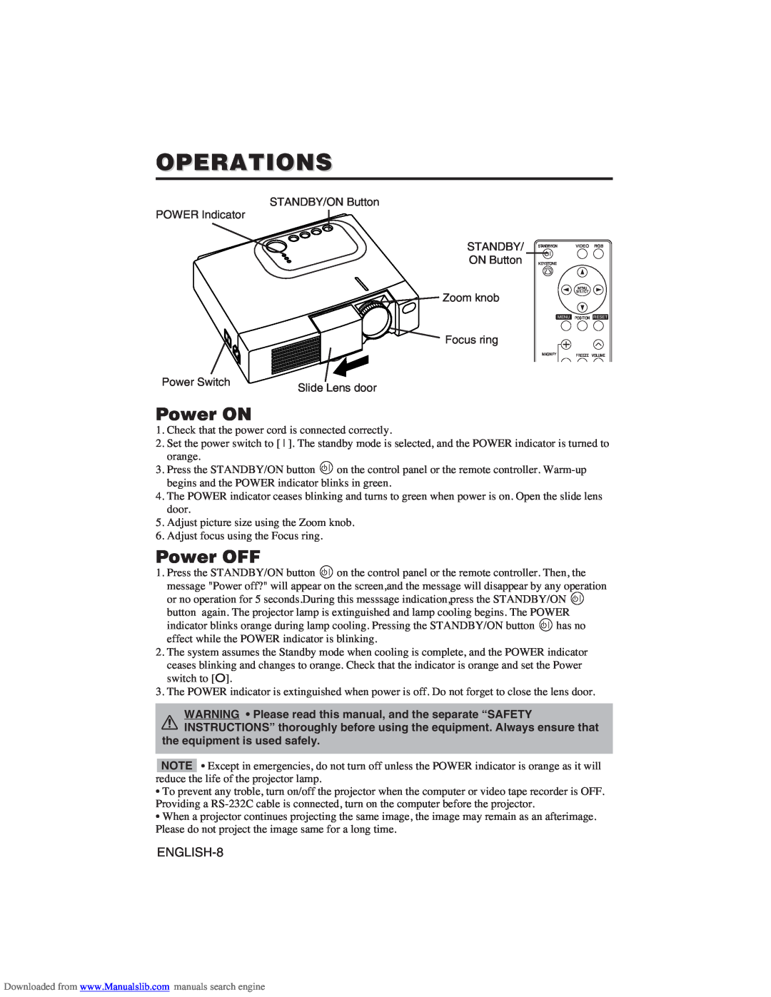 Hitachi CP-X275W user manual Operations, Power ON, Power OFF 