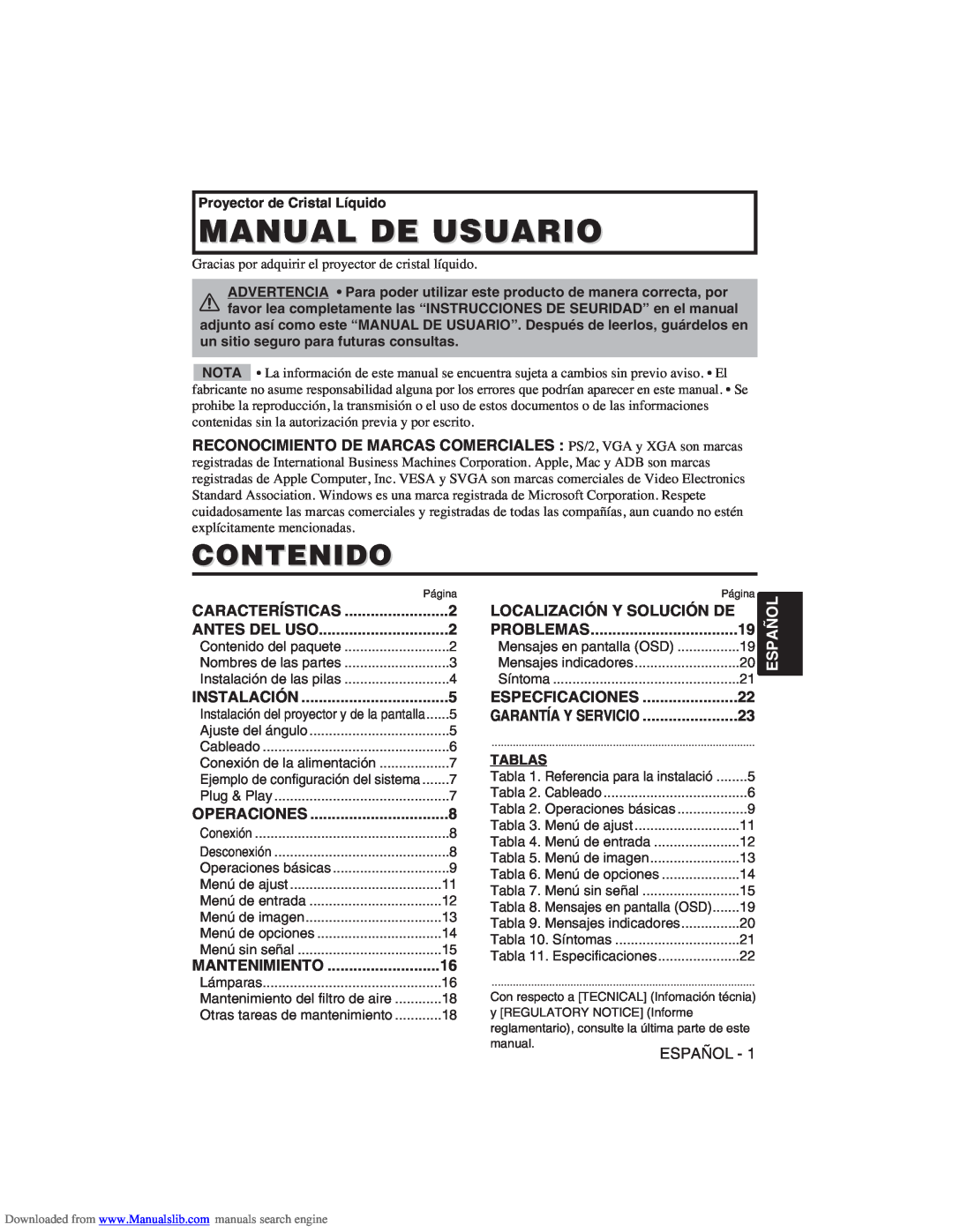 Hitachi CP-X275W user manual Manual De Usuario, Contenido, Localización Y Solución De, Español 