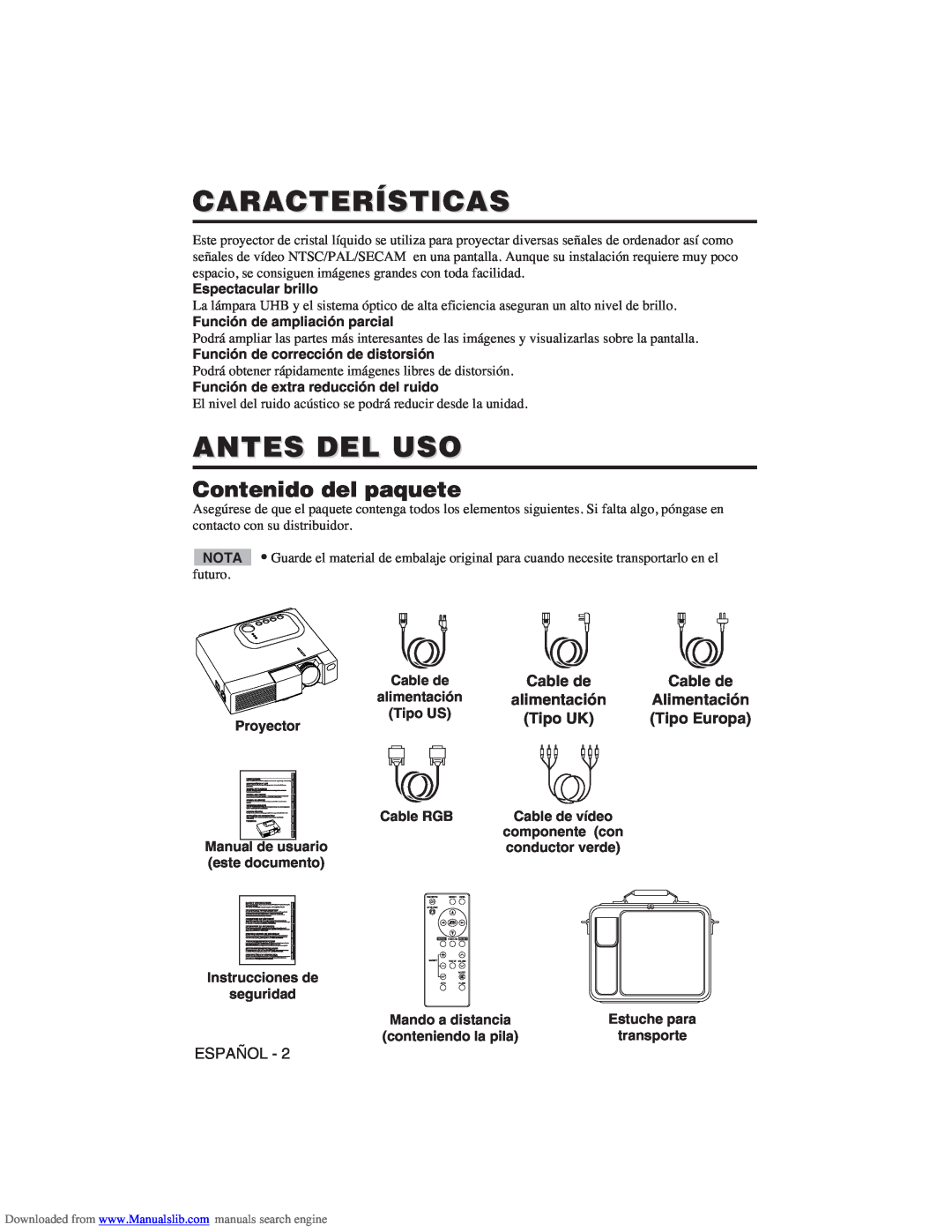Hitachi CP-X275W user manual Características, Antes Del Uso, Contenido del paquete, Tipo UK, Tipo Europa 