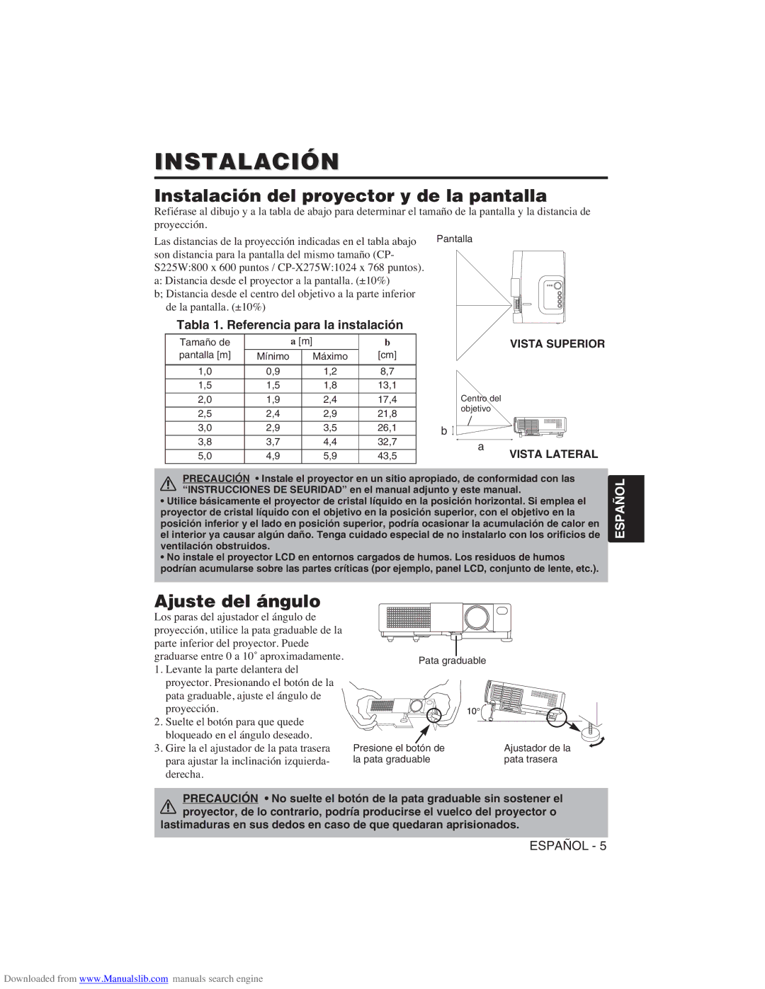 Hitachi CP-X275W user manual Instalación del proyector y de la pantalla, Ajuste del ángulo 