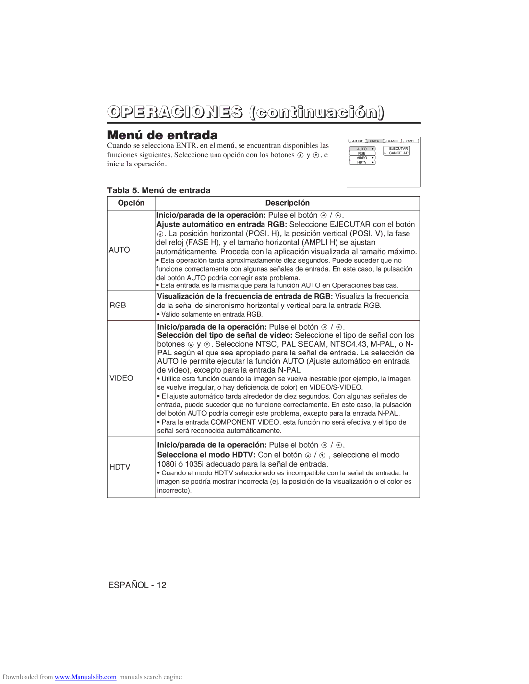 Hitachi CP-X275W user manual Tabla 5. Menú de entrada 