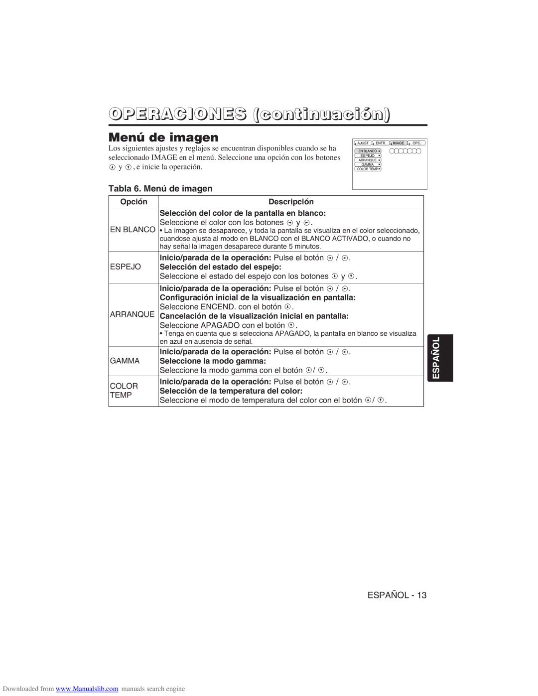 Hitachi CP-X275W user manual Tabla 6. Menú de imagen, Espejo 