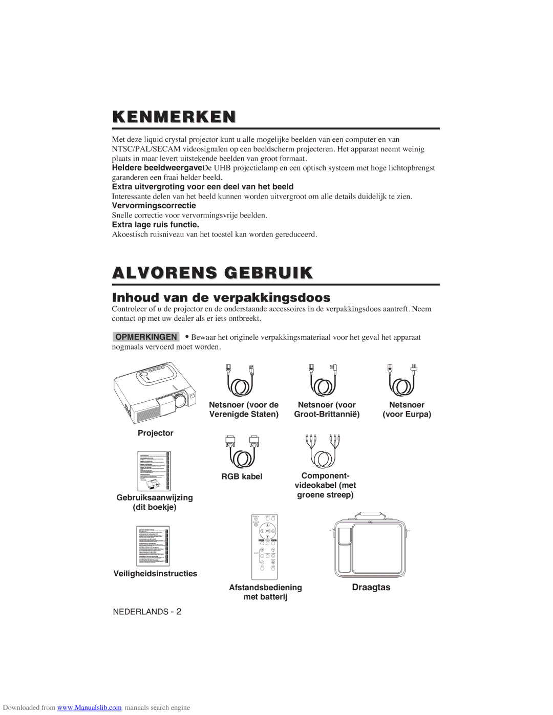 Hitachi CP-X275W user manual Kenmerken, Alvorens Gebruik, Inhoud van de verpakkingsdoos, Draagtas 