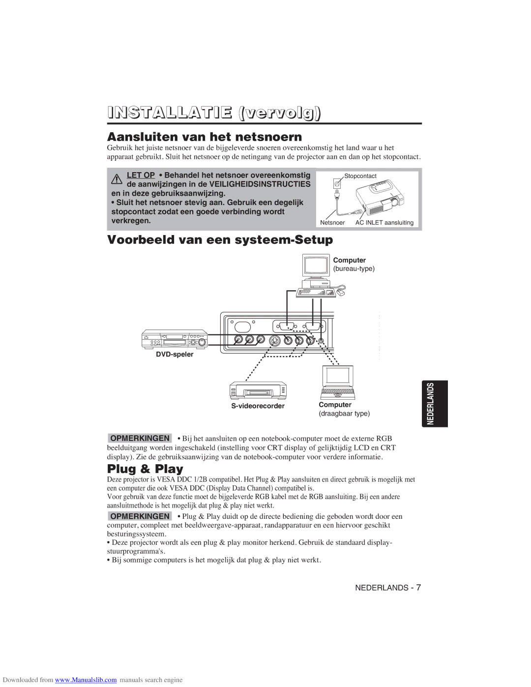 Hitachi CP-X275W user manual Aansluiten van het netsnoern, Voorbeeld van een systeem-Setup 