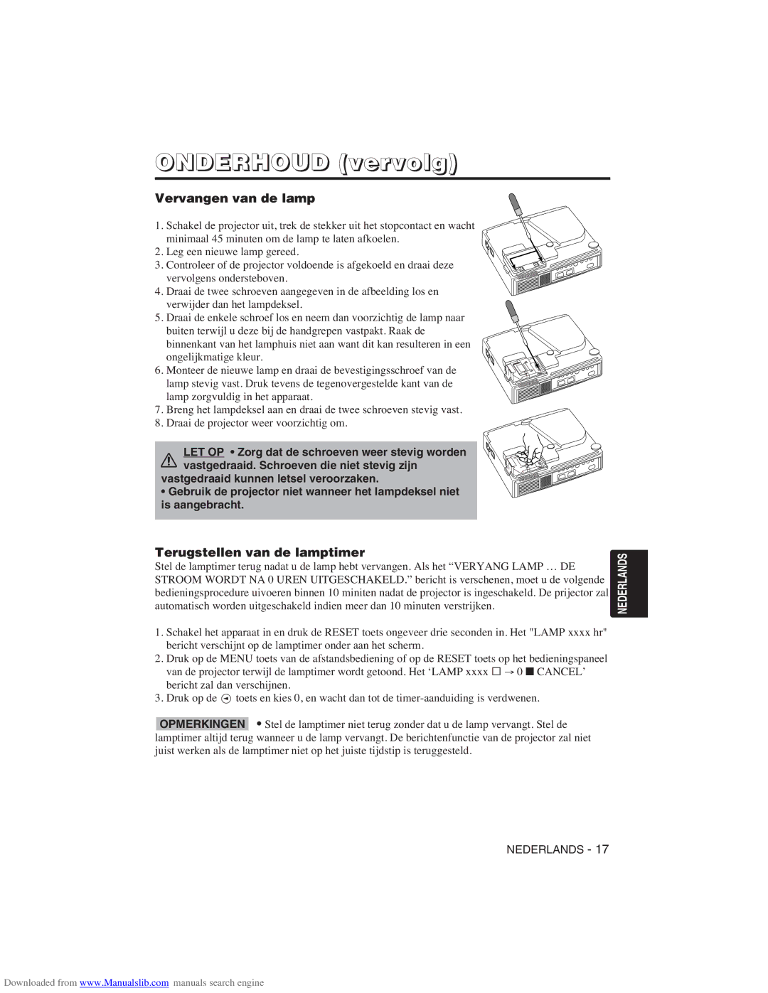 Hitachi CP-X275W user manual Onderhoud vervolg, Vervangen van de lamp, Terugstellen van de lamptimer 