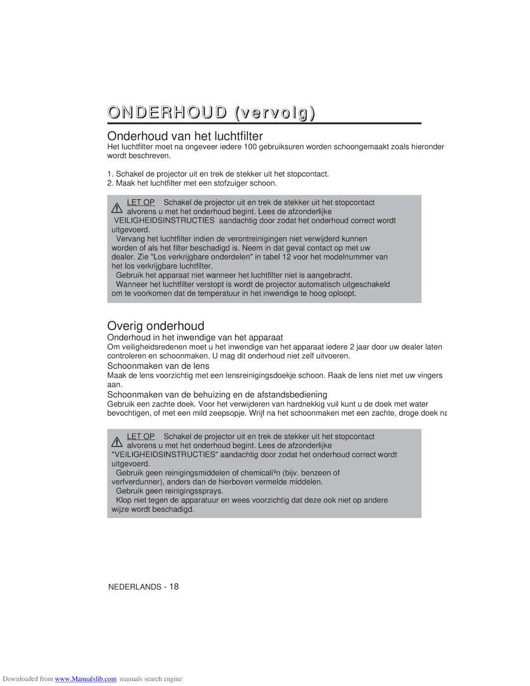 Hitachi CP-X275W user manual Onderhoud van het luchtfilter, Overig onderhoud, Onderhoud in het inwendige van het apparaat 