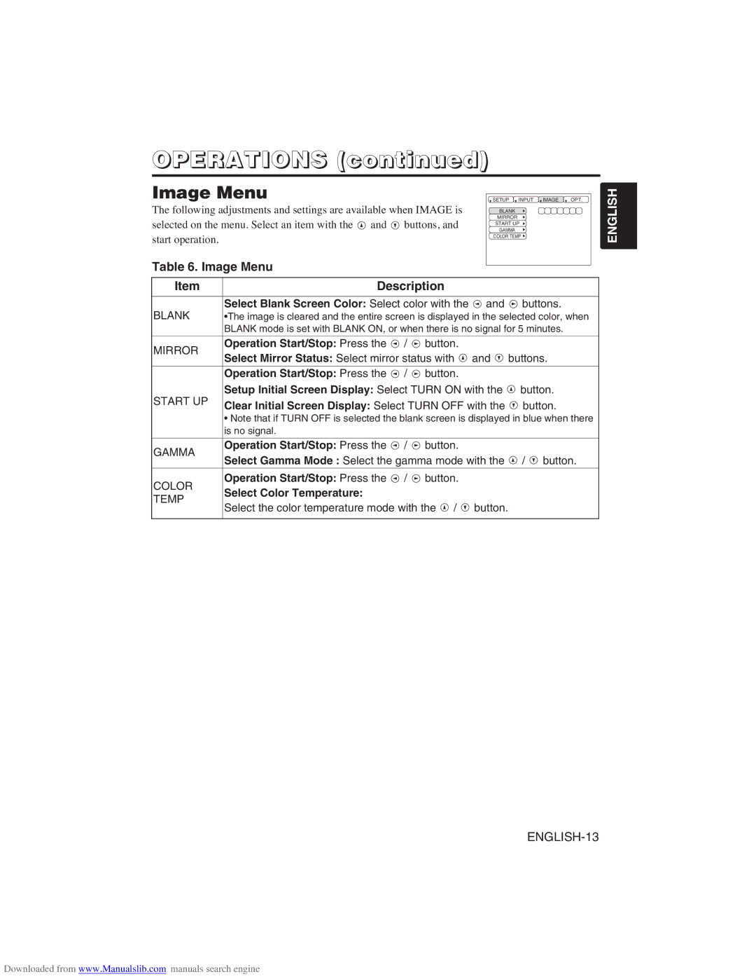 Hitachi CP-X275W Image Menu Description, Setup Initial Screen Display Select Turn on with, Select Color Temperature 