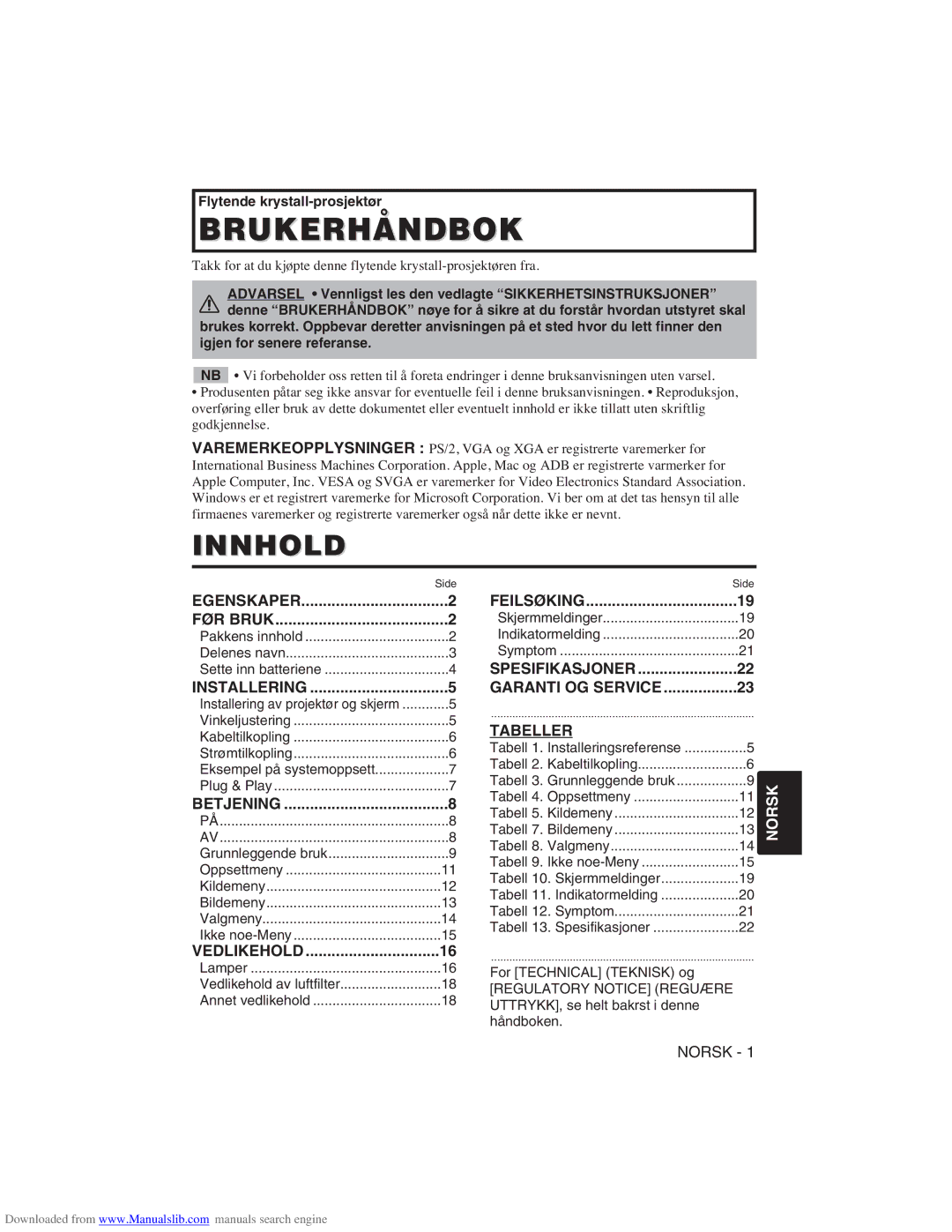 Hitachi CP-X275W user manual Innhold, Tabeller 