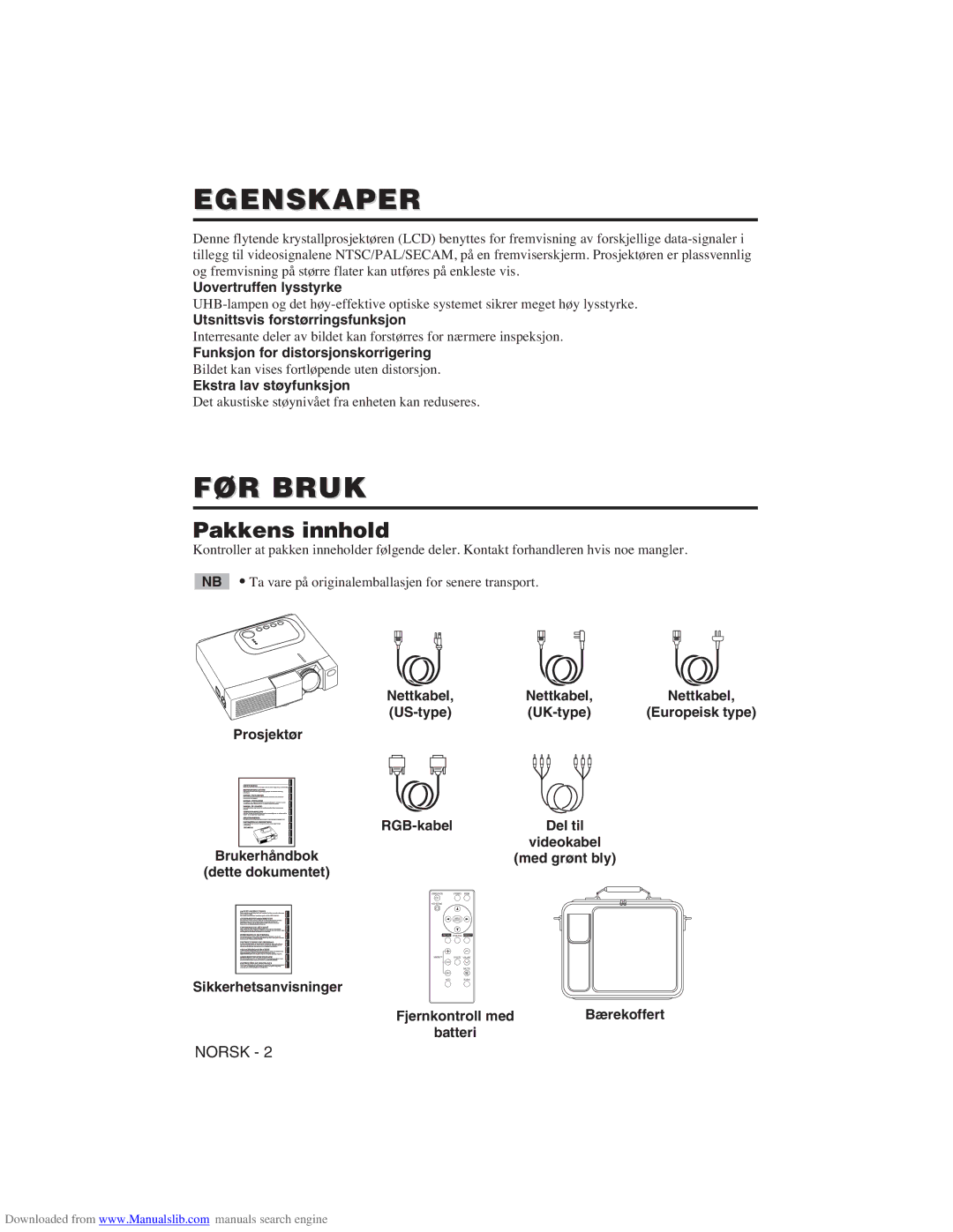 Hitachi CP-X275W user manual Egenskaper, FØR Bruk, Pakkens innhold 