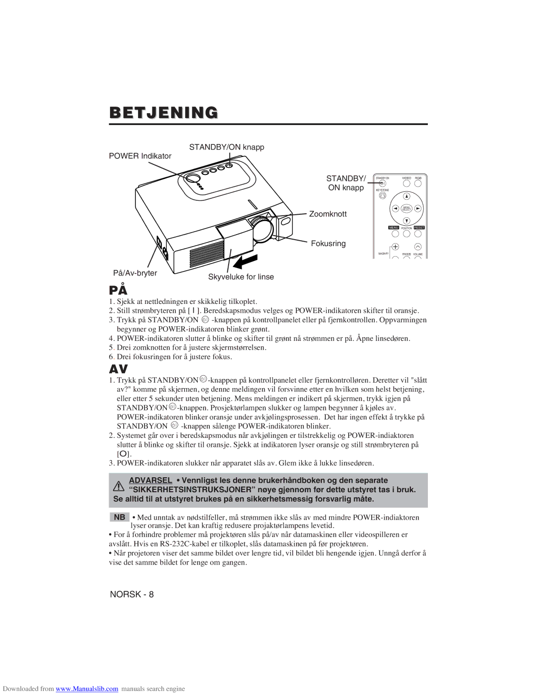 Hitachi CP-X275W user manual Betjening, STANDBY/ON knapp Power Indikator, On knapp Zoomknott Fokusring På/Av-bryter 