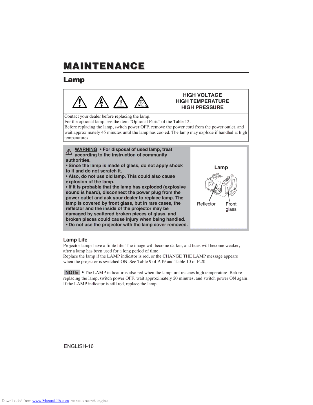 Hitachi CP-X275W user manual Maintenance, High Voltage High Temperature High Pressure, Lamp Life 