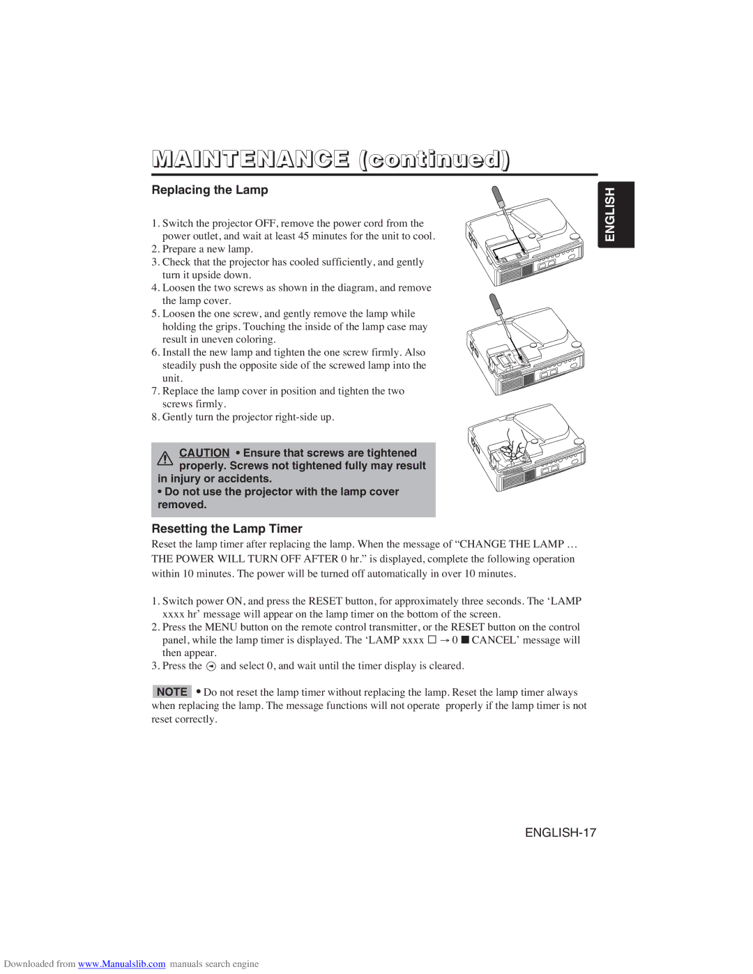 Hitachi CP-X275W user manual Maintenance, Replacing the Lamp, Resetting the Lamp Timer 