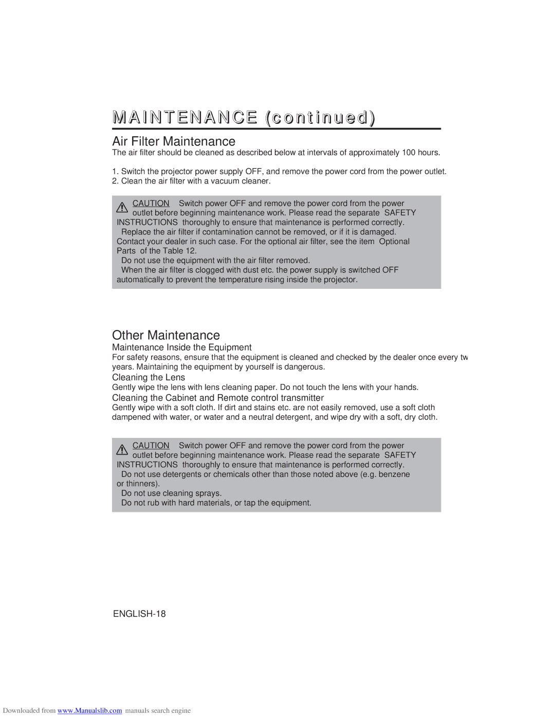 Hitachi CP-X275W user manual Air Filter Maintenance, Other Maintenance, Maintenance Inside the Equipment, Cleaning the Lens 