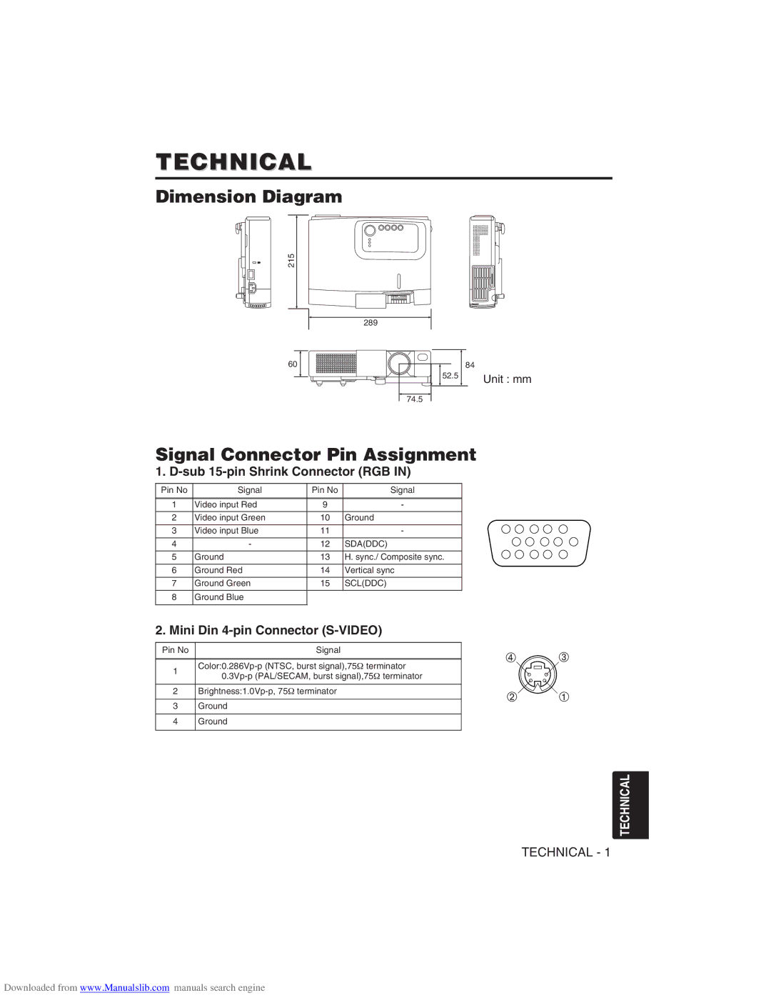 Hitachi CP-X275W user manual Technical, Dimension Diagram, Signal Connector Pin Assignment, Sub 15-pin Shrink Connector RGB 