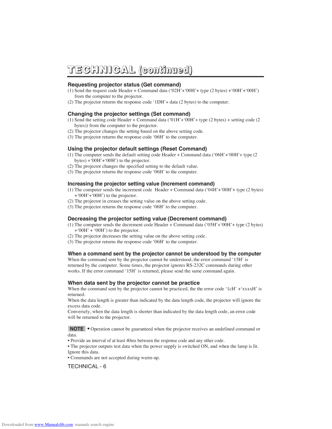 Hitachi CP-X275W user manual Requesting projector status Get command, Changing the projector settings Set command 