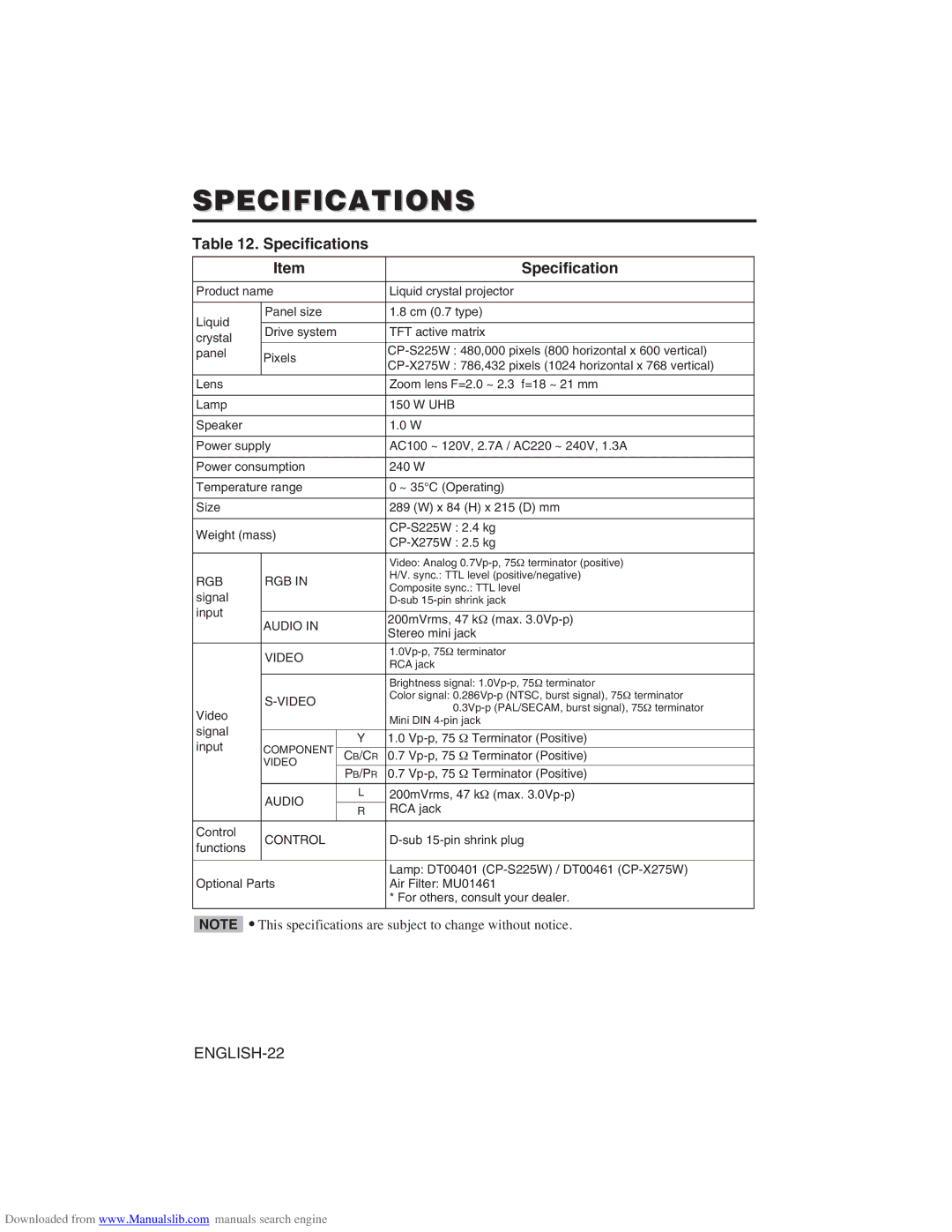 Hitachi CP-X275W user manual Specifications 