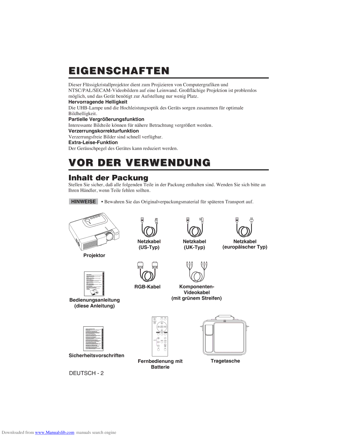 Hitachi CP-X275W user manual Eigenschaften, VOR DER Verwendung, Inhalt der Packung 