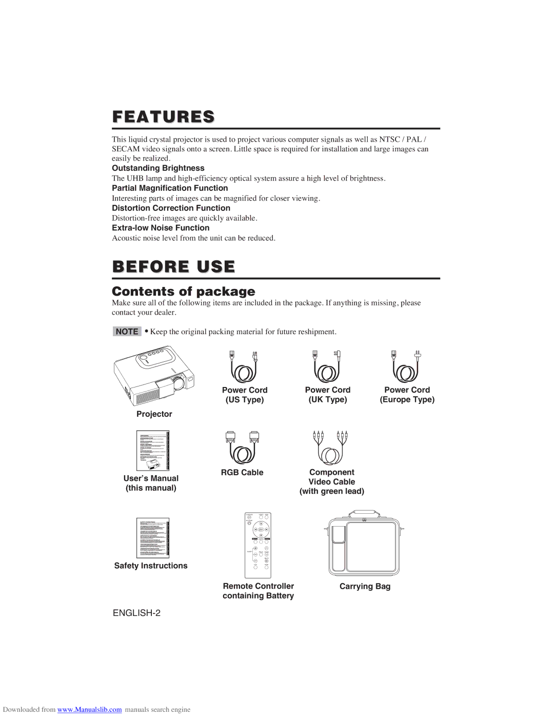 Hitachi CP-X275W user manual Features, Before USE, Contents of package 