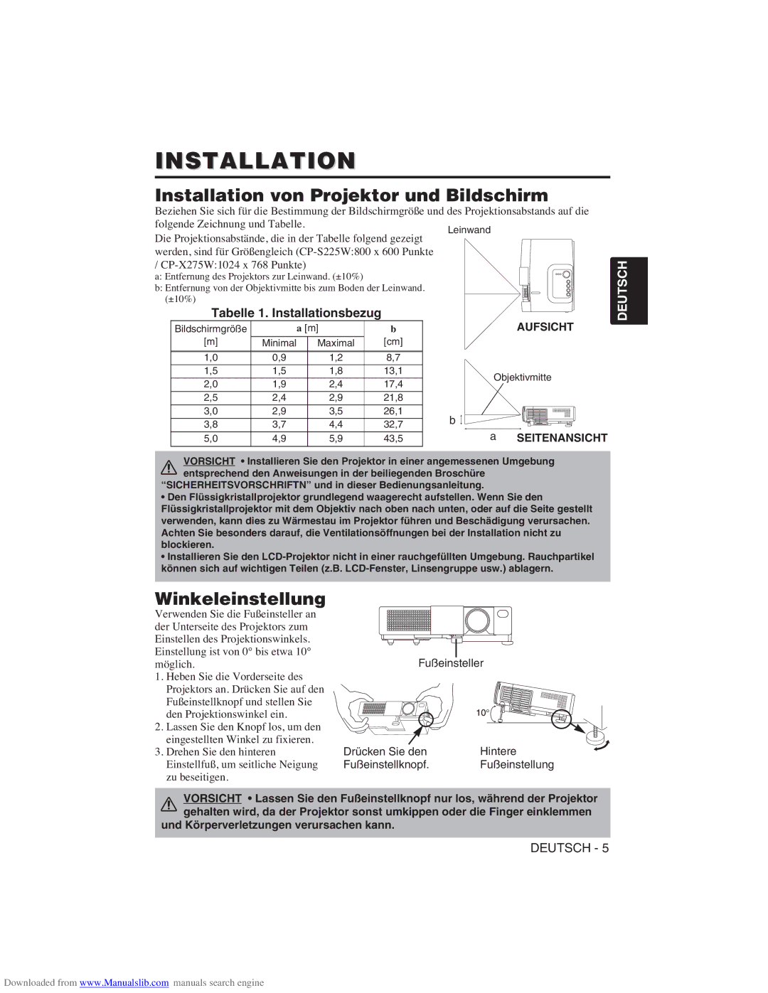 Hitachi CP-X275W Installation von Projektor und Bildschirm, Winkeleinstellung, Tabelle 1. Installationsbezug, Aufsicht 