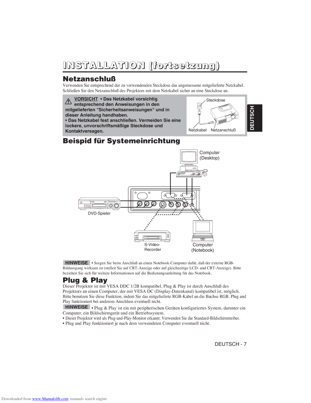 Hitachi CP-X275W user manual Netzanschluß, Beispid für Systemeinrichtung, Computer Desktop, RecorderNotebook 