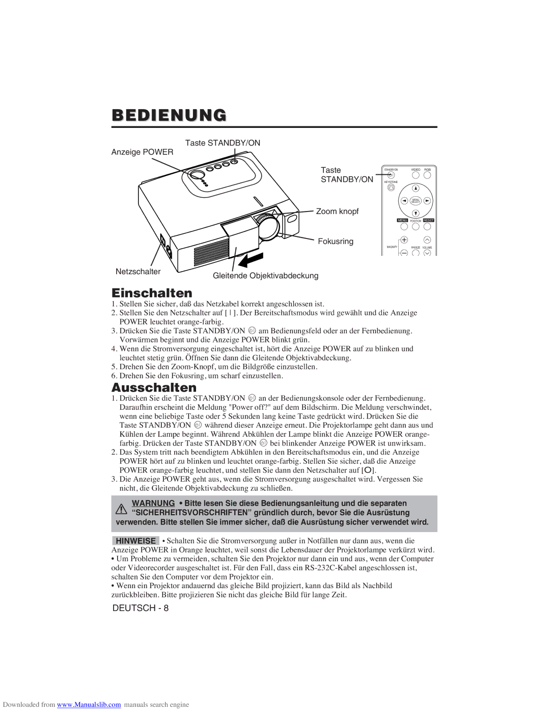 Hitachi CP-X275W user manual Bedienung, Einschalten, Ausschalten, Standby/On 