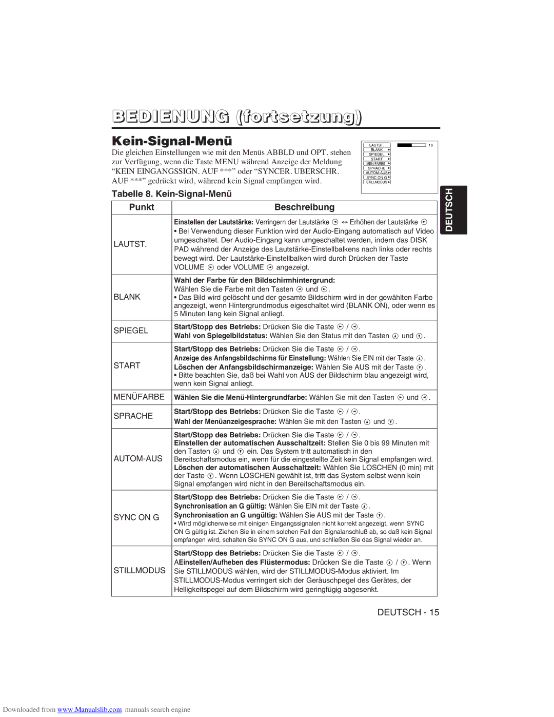 Hitachi CP-X275W user manual Tabelle 8. Kein-Signal-Menü, Sprache 