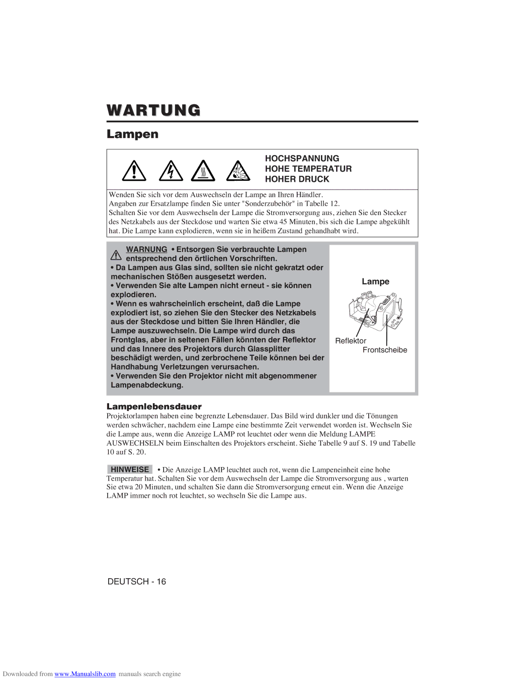 Hitachi CP-X275W user manual Wartung, Hochspannung Hohe Temperatur Hoher Druck, Lampenlebensdauer 