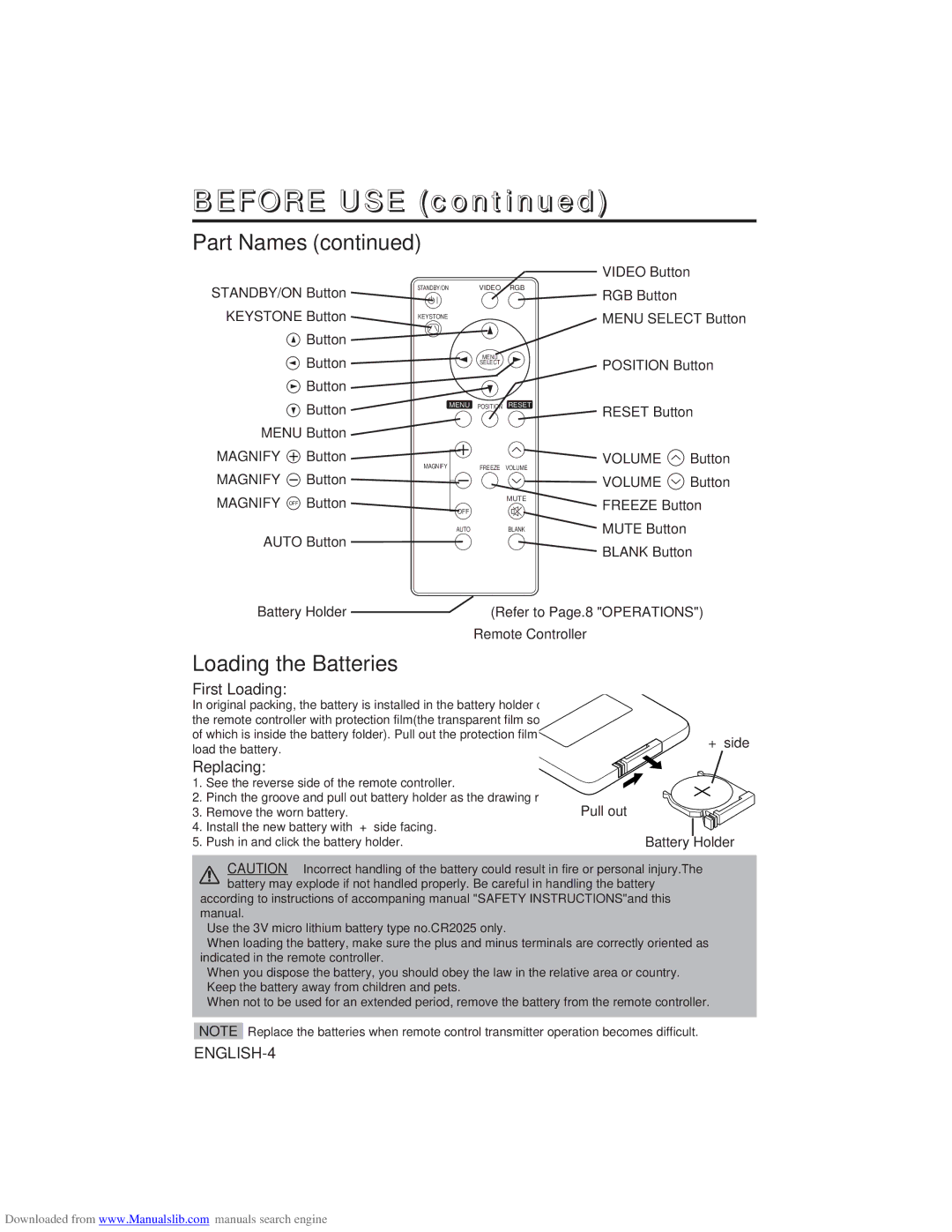 Hitachi CP-X275W user manual Loading the Batteries, First Loading, Replacing, Remote Controller 